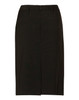 A women's mid-length lined pencil skirt in black wool stretch, featuring a back zipper and a simple design.