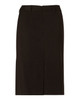 A black mid-length lined pencil skirt in poly/viscose stretch with a zip closure and a back vent.