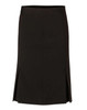A black pleated skirt made from wool stretch fabric, featuring front slits and a sleek, tailored design.