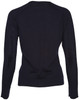 A women's long-sleeve cardigan in dark navy, made from 100% merino wool, featuring ribbed cuffs and hem.