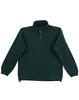 A unisex polar fleece jumper in dark green with long sleeves and a zippered collar, featuring a logo.