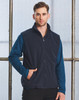 A navy unisex polar fleece vest with a high collar, front pockets, and a zip closure. Features a branding logo.