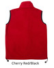 A unisex polar fleece vest in cherry red with black accents, featuring a logo and adjustable drawstring at the hem.