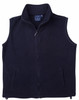 A black unisex polar fleece vest with a stand-up collar and zip fastening, featuring side pockets and a logo.