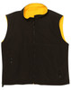 A unisex reversible vest featuring a black exterior and a bright yellow interior, with zip pockets and a logo.