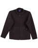 A black polar fleece jacket with a full zip, featuring two side pockets and a collar, has a logo.
