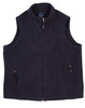 A navy blue fleece vest for kids featuring a zip front and side pockets, with a brand logo.