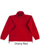A cherry red pullover made of polar fleece for kids, featuring a half-zip design and a branded logo.