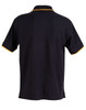 A black polo shirt featuring a yellow trim and a logo on the chest area, viewed from the back.