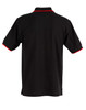 A black polo shirt with red detailing, featuring a collar and short sleeves. It has a branding logo.