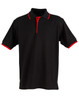 A black polo shirt with red accents on the collar and sleeves, featuring a logo.