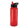 A drink bottle with a clear red body and a black lid, featuring a built-in straw for easy sipping.