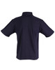 A children's traditional polo shirt in navy, featuring short sleeves and a collar, with a logo on the back.
