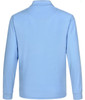 A blue unisex long sleeve polo shirt with a collar and a logo on the back.