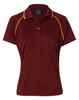 A maroon polo shirt with yellow detailing and a collar, featuring a branding logo.
