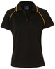 A black polo shirt with orange accents and a logo on the chest. Short sleeves and a classic collar design.