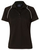 A black ladies polo shirt with white piping, featuring a collar and short sleeves, along with a branding logo.