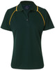 A dark green polo shirt with yellow accents and a collar, featuring a branding logo.