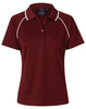A maroon ladies polo shirt featuring a white trim and a small logo on the chest. Short sleeves and a classic collar.