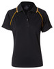 A black polo shirt with orange accents and a collar, featuring a logo on the chest.