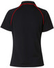 A black short-sleeve polo shirt with red raglan detailing and a collar, featuring a logo.