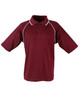 A maroon polo shirt featuring a collar, short sleeves, and white piping, complete with a logo.