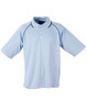 A light blue men's polo shirt featuring short sleeves and contrasting detailing, with a logo on the front.