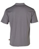 A grey short-sleeved polo shirt with a logo, featuring a plain back design and contrasting stitching.