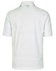 A white men's polo shirt with a classic collar and short sleeves, featuring a logo on the back.
