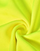 A close-up of bright yellow fabric, featuring a textured pattern, ideal for polo shirts, with a logo visible.