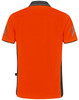 An orange polo shirt with contrasting grey detailing and a logo on the side.