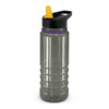A drink bottle in clear and black, featuring a yellow spout and a textured grip design. It has a logo on the side.