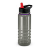 A drink bottle in clear grey plastic with a black lid and a red spout, featuring a branding logo.