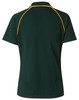 A dark green polo shirt with short sleeves and yellow contrasting piping, featuring a logo on the back.
