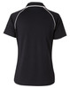 A black polo shirt featuring a raglan design with contrasting piping. The shirt has a logo on the back.