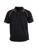 A black children's polo shirt with yellow piping and a collar, featuring buttons and a logo.