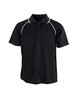 A black polo shirt with white piping and a collar, featuring a logo on the chest.
