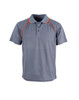 A grey polo shirt with orange accents, featuring a collared neckline and three buttons. It has a logo.
