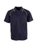 A navy polo shirt with yellow accents and a three-button placket. It features a logo on the chest.