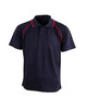 A navy blue polo shirt with red piping and a logo on the chest. Short sleeves and a classic collar design.