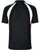 A black men's tri sport polo shirt featuring white and red accents on the sides and back, with a logo visible.