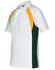 A white polo shirt with green and yellow accents, featuring a logo on the chest.