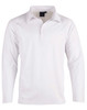 A long-sleeve white cricket polo shirt with a collar and a branding logo.
