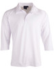 A white men's 3/4 sleeve cricket polo shirt with a collar and a logo.