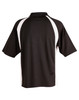 A black and white men's polo shirt with short sleeves and a collar, featuring a logo on the front.