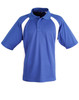 Men's polo shirt in blue with white side panels, featuring a collar, short sleeves, and a logo.