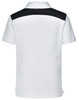 A children's polo shirt in white with a black back panel and a logo.