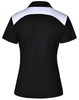 A black ladies' polo shirt with a white accent on the shoulders and a logo on the back.