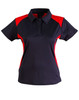 A ladies' polo shirt in navy with red accents, featuring a classic collar and a logo on the chest.