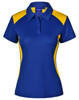 A blue and yellow ladies' polo shirt with a collar and a logo. It features colour-block design on the sides.